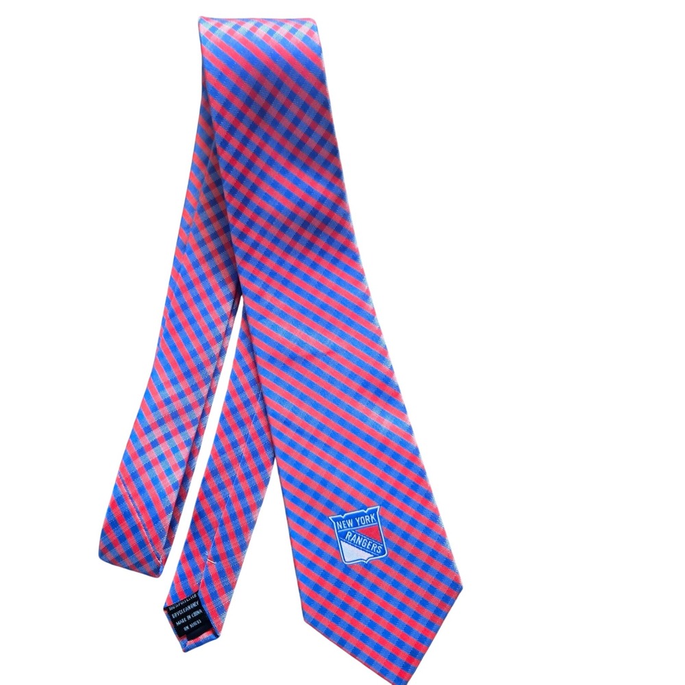NHL New York Rangers Mens Necktie Blue Red Gingham Checkered Logo Silk Look Tie